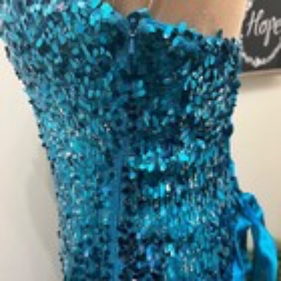 Sean Collection Sequined Lattice Back Mermaid Gown Dress Strapless Aqua Teal 10 - Picture 13 of 14